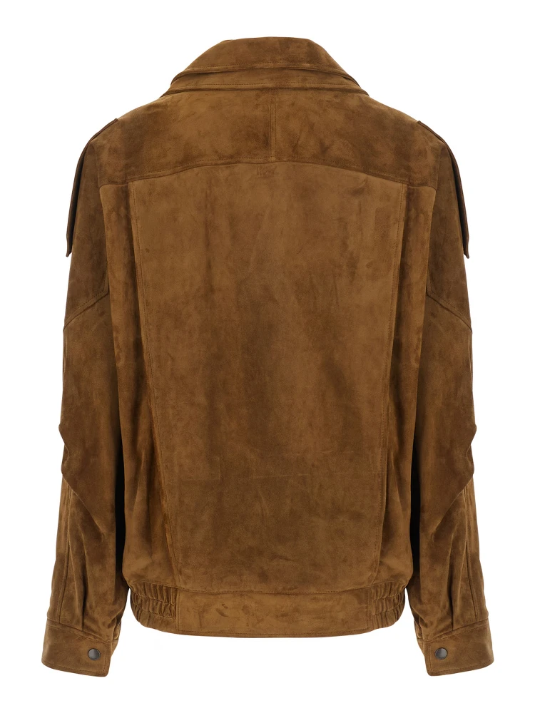 Brown Jacket with classic collar and buckled belt in suede for women alternative