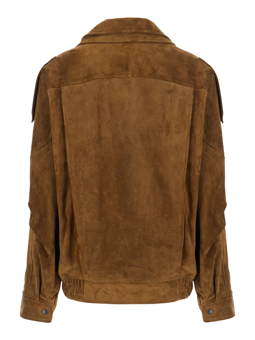 Brown Jacket with classic collar and buckled belt in suede for women