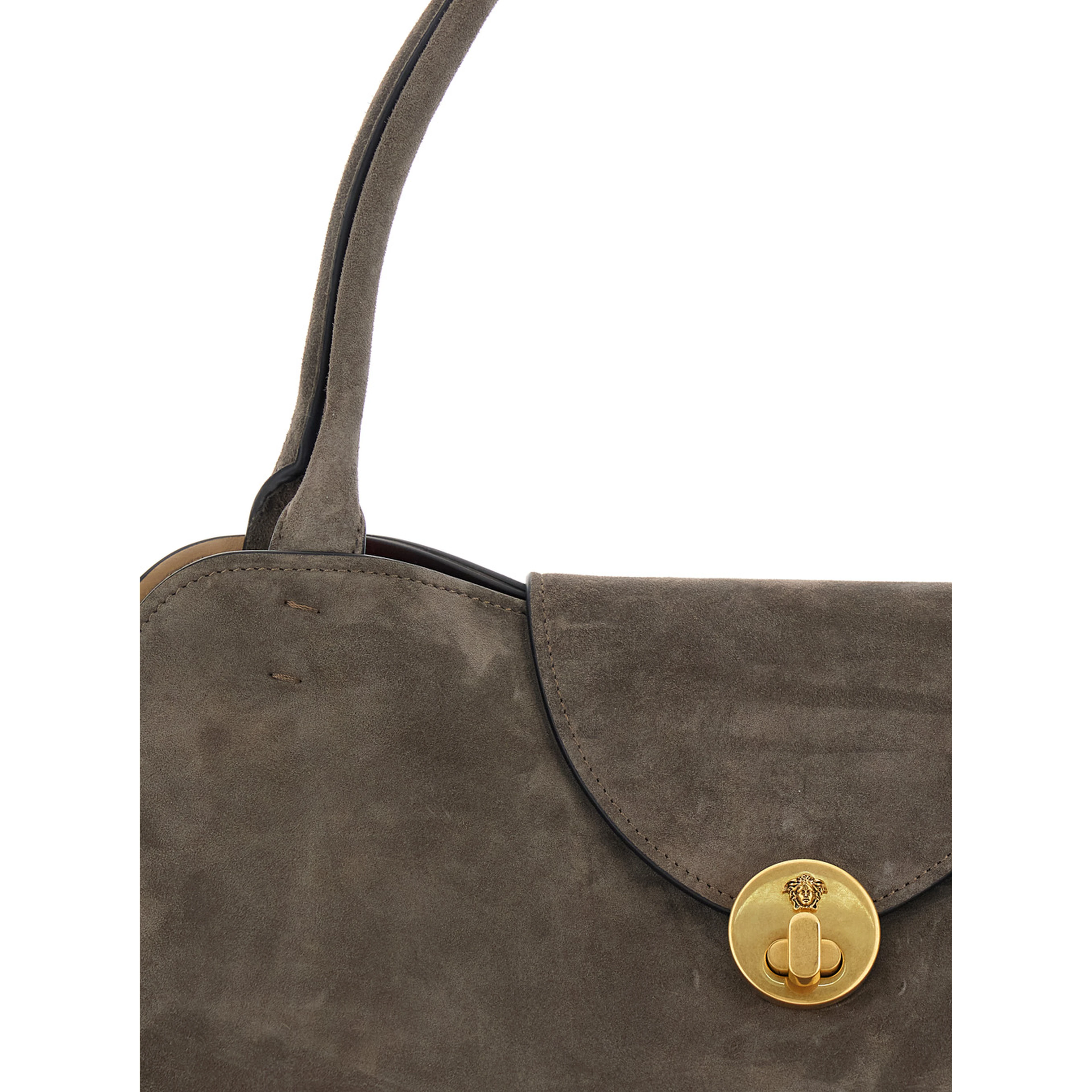 Vivian East West Brown Shoulder Bag with Clasp Closure and Medusa Plaque in  Suede for Women