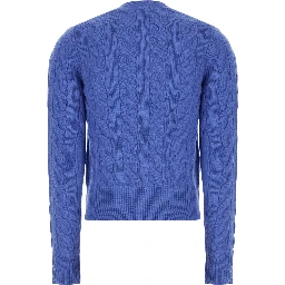 Blue Crew neck cardigan with cable knit and Pony on the front in wool and cashmere for women