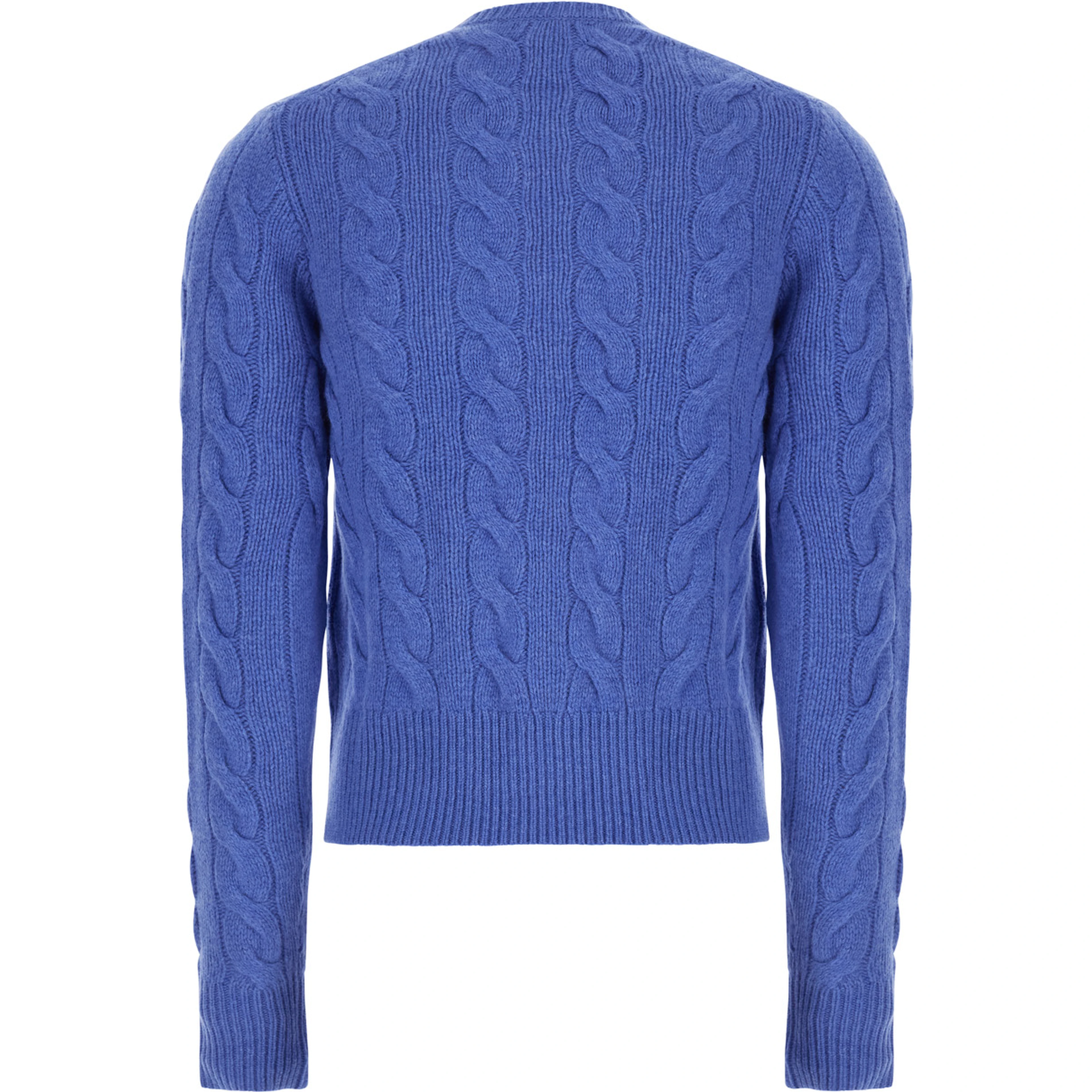 Blue Crew neck cardigan with cable knit and Pony on the front in wool and cashmere for women