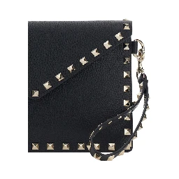 Black Clutch with removable wrist strap and Rockstud decoration in leather for women