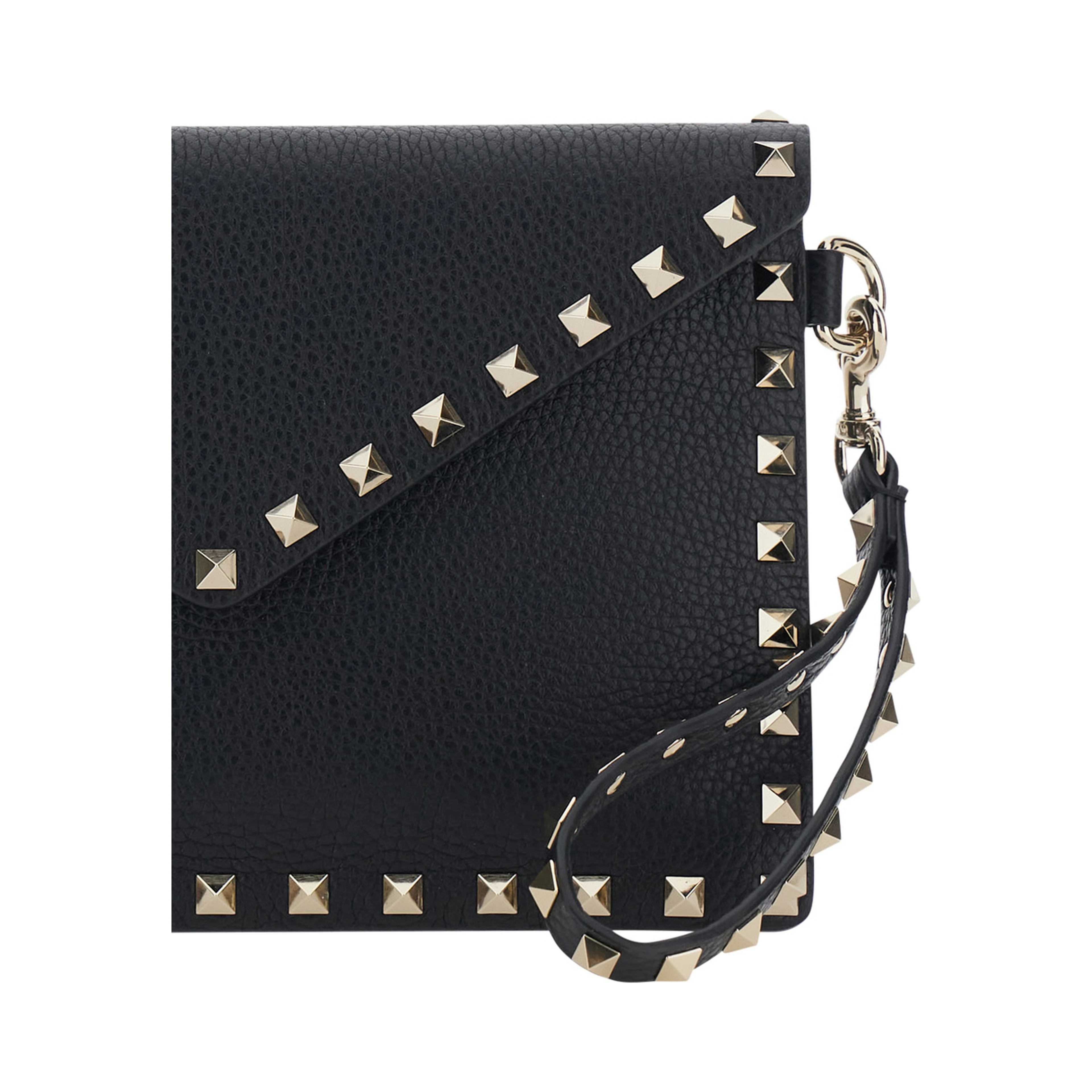 Black Clutch with removable wrist strap and Rockstud decoration in leather for women