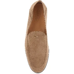 Beige Loafers with logo lettering plate on the front in suede for women