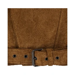 Brown Jacket with classic collar and buckled belt in suede for women