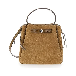 Romy Beige Handbag with adjustable and removable shoulder strap and front strap in suede for women