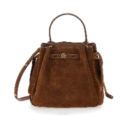 Handbag Romy Bucket Bag with Drawstring in Brown Suede