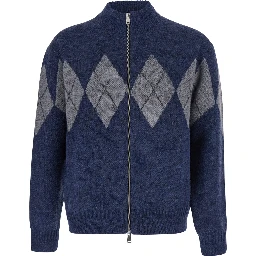 INSIDE OUT ARGYLE ZIP-UP with high collar and long sleeves in Ecoleather nylon alpaca in blue unisex