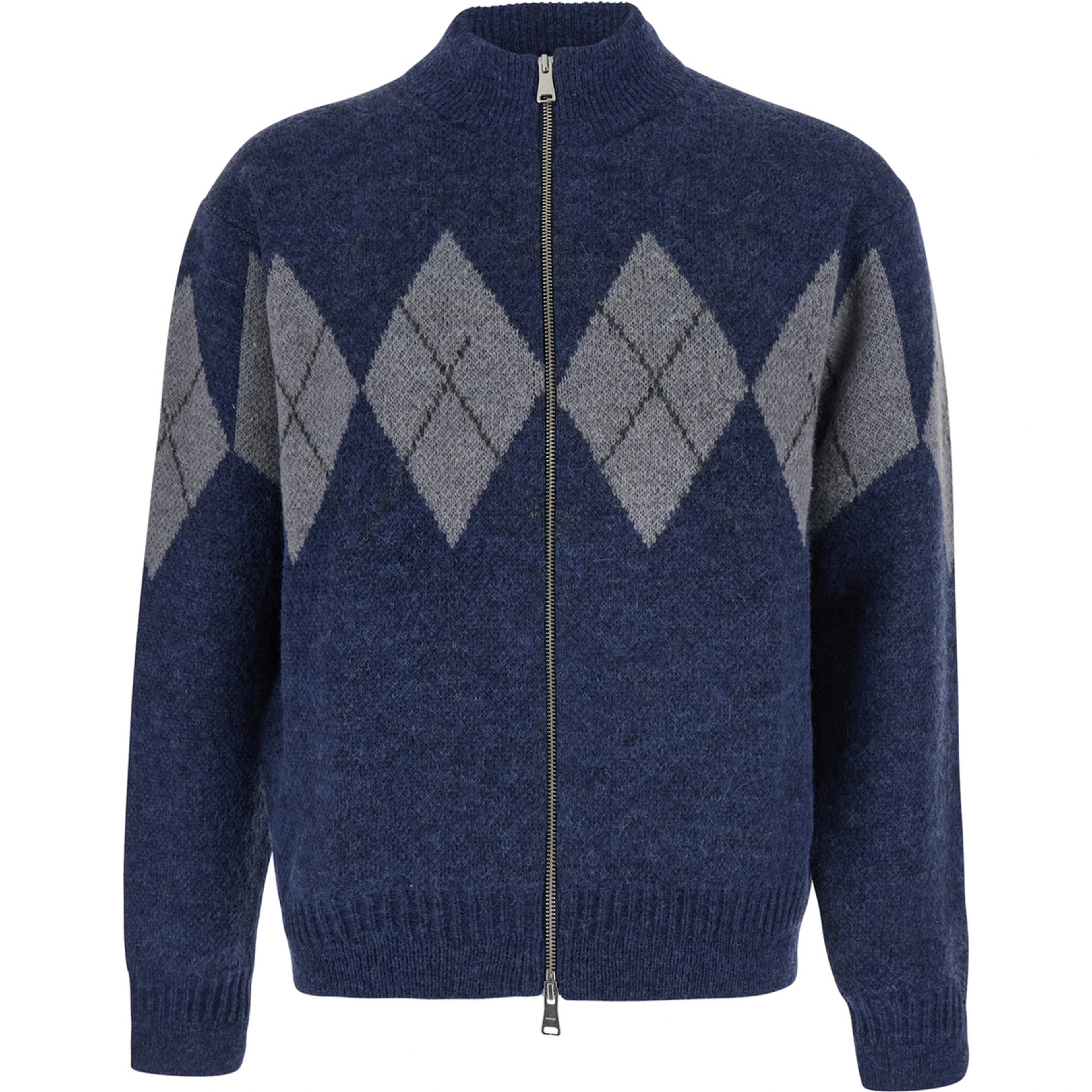 INSIDE OUT ARGYLE ZIP-UP with high collar and long sleeves in Ecoleather nylon alpaca in blue unisex