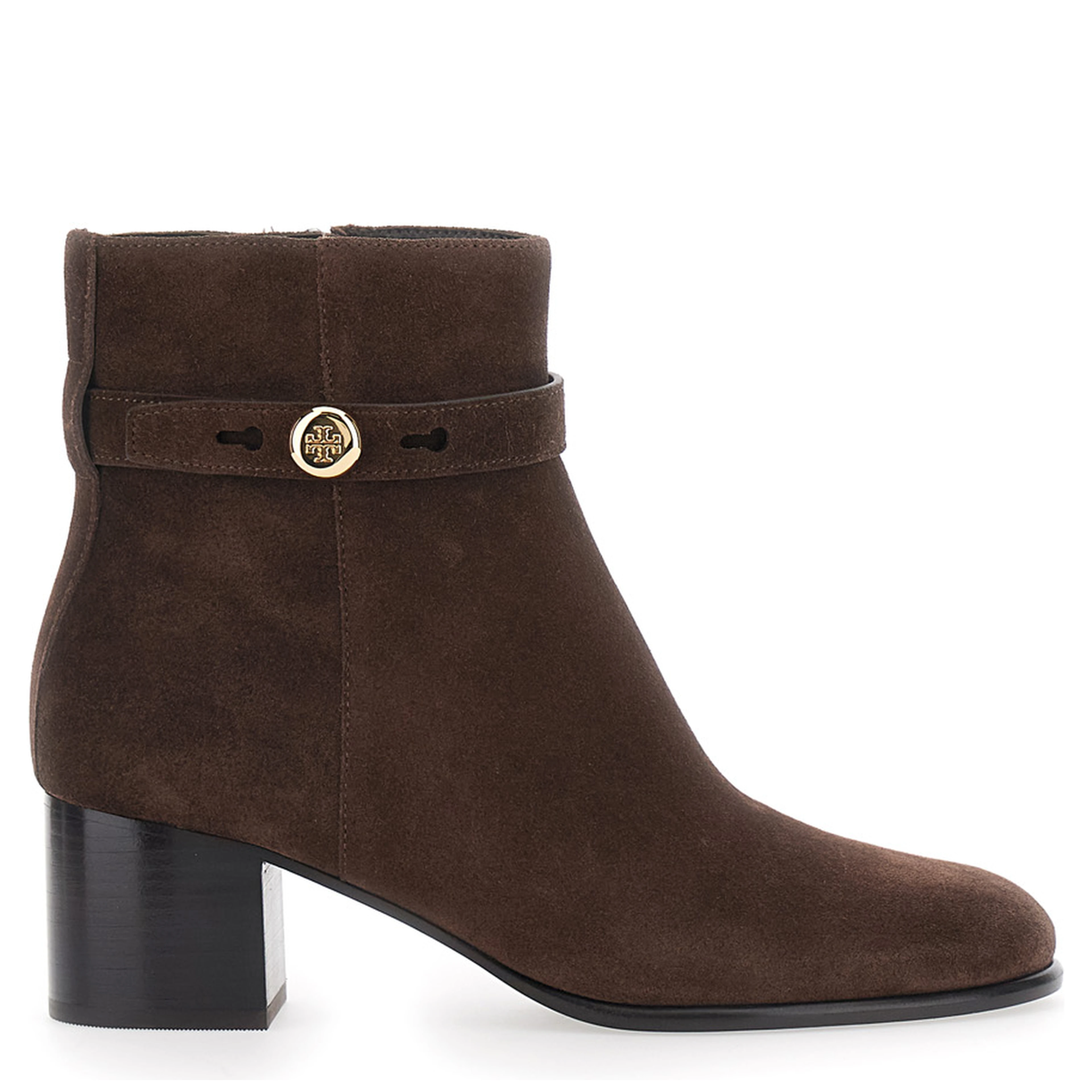 Romy Brown Ankle Boots with Medium Heel and Logo Plate on the Side in Suede for Women