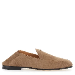 Beige Loafers with logo lettering plate on the front in suede for women