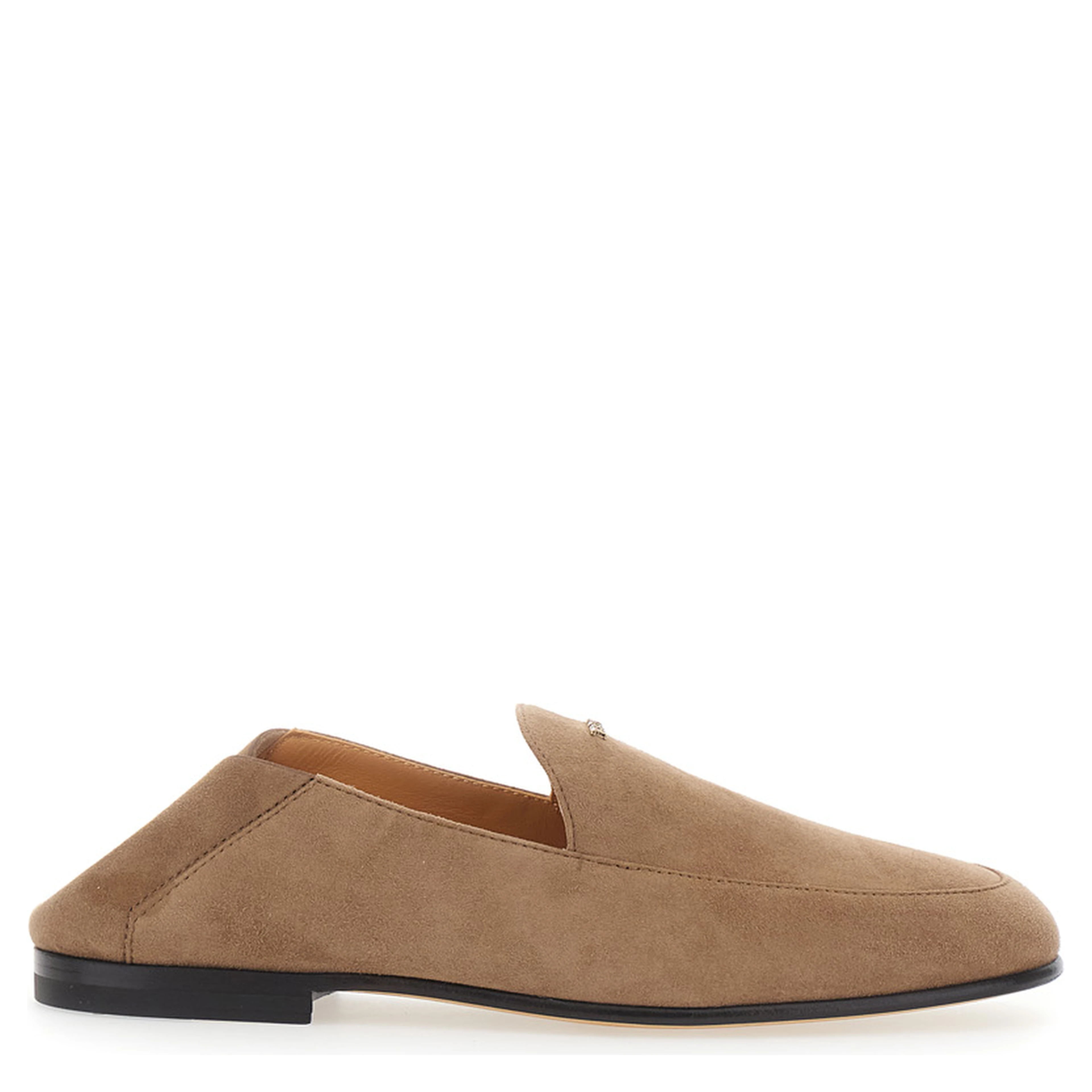 Beige Loafers with logo lettering plate on the front in suede for women