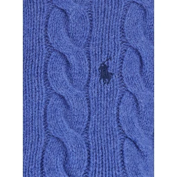 Blue Crew neck cardigan with cable knit and Pony on the front in wool and cashmere for women