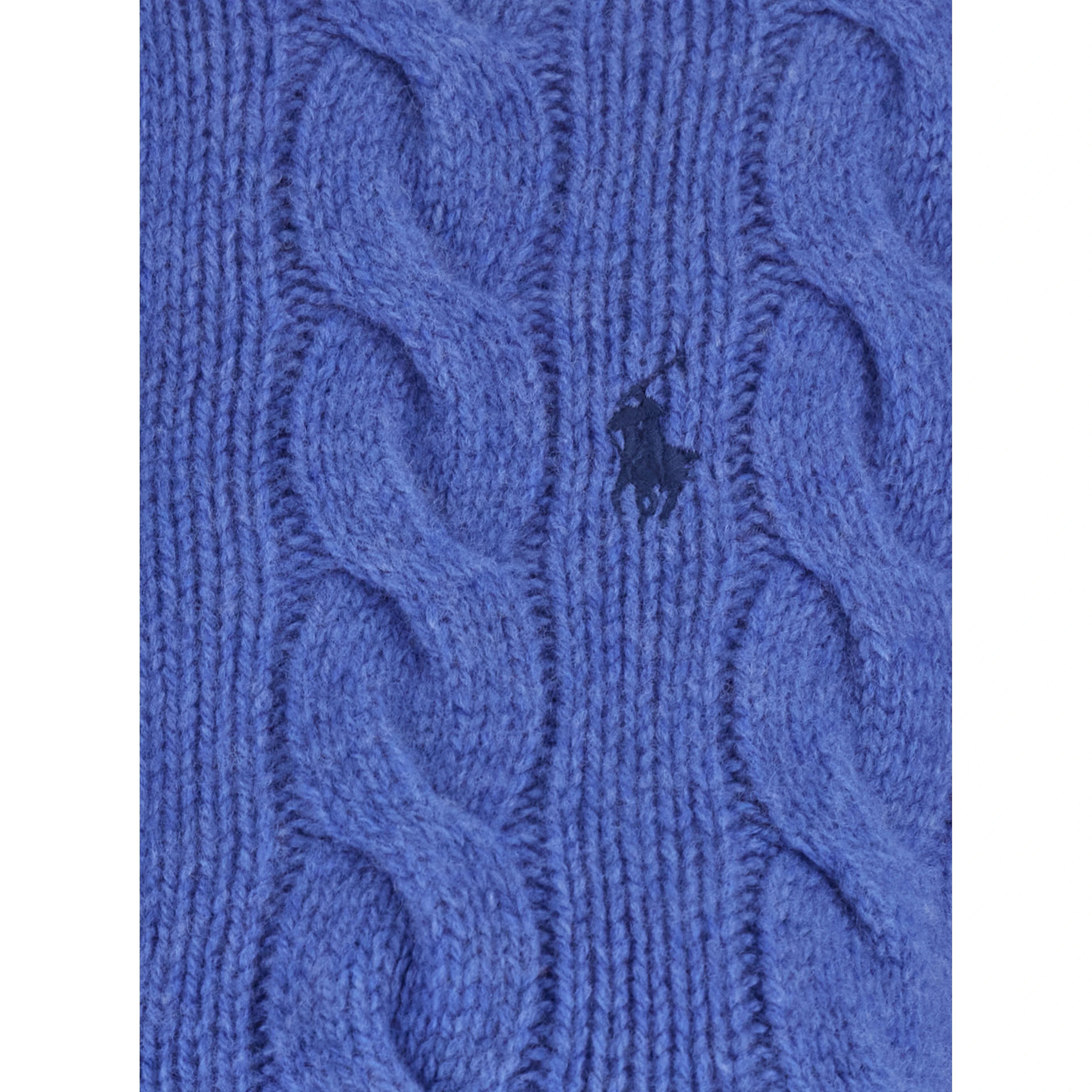Blue Crew neck cardigan with cable knit and Pony on the front in wool and cashmere for women