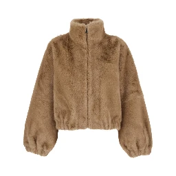 Beige High-neck fur jacket with front zip closure in eco fur for women