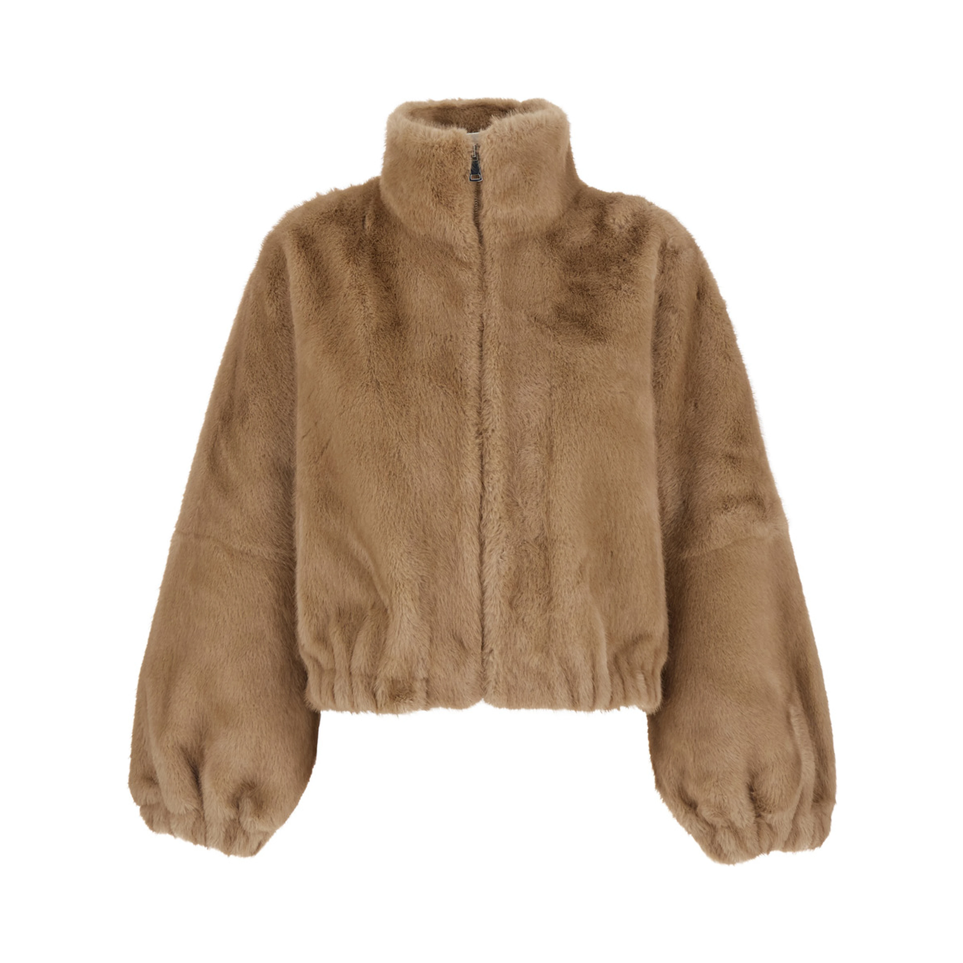 Beige High-neck fur jacket with front zip closure in eco fur for women