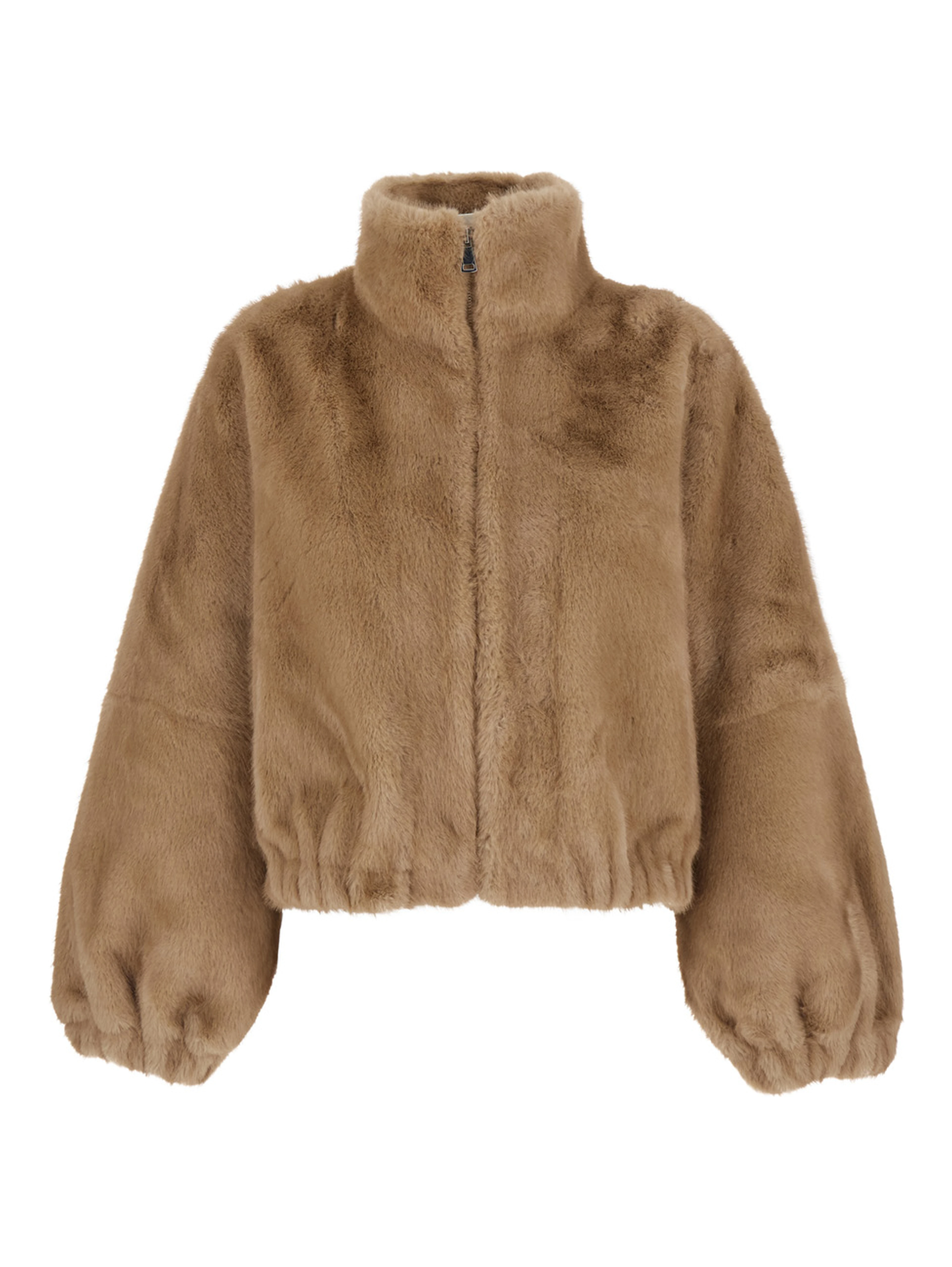 Beige High-neck fur jacket with front zip closure in eco fur for women