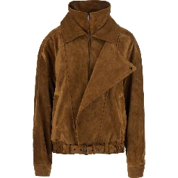 Brown Jacket with classic collar and buckled belt in suede for women