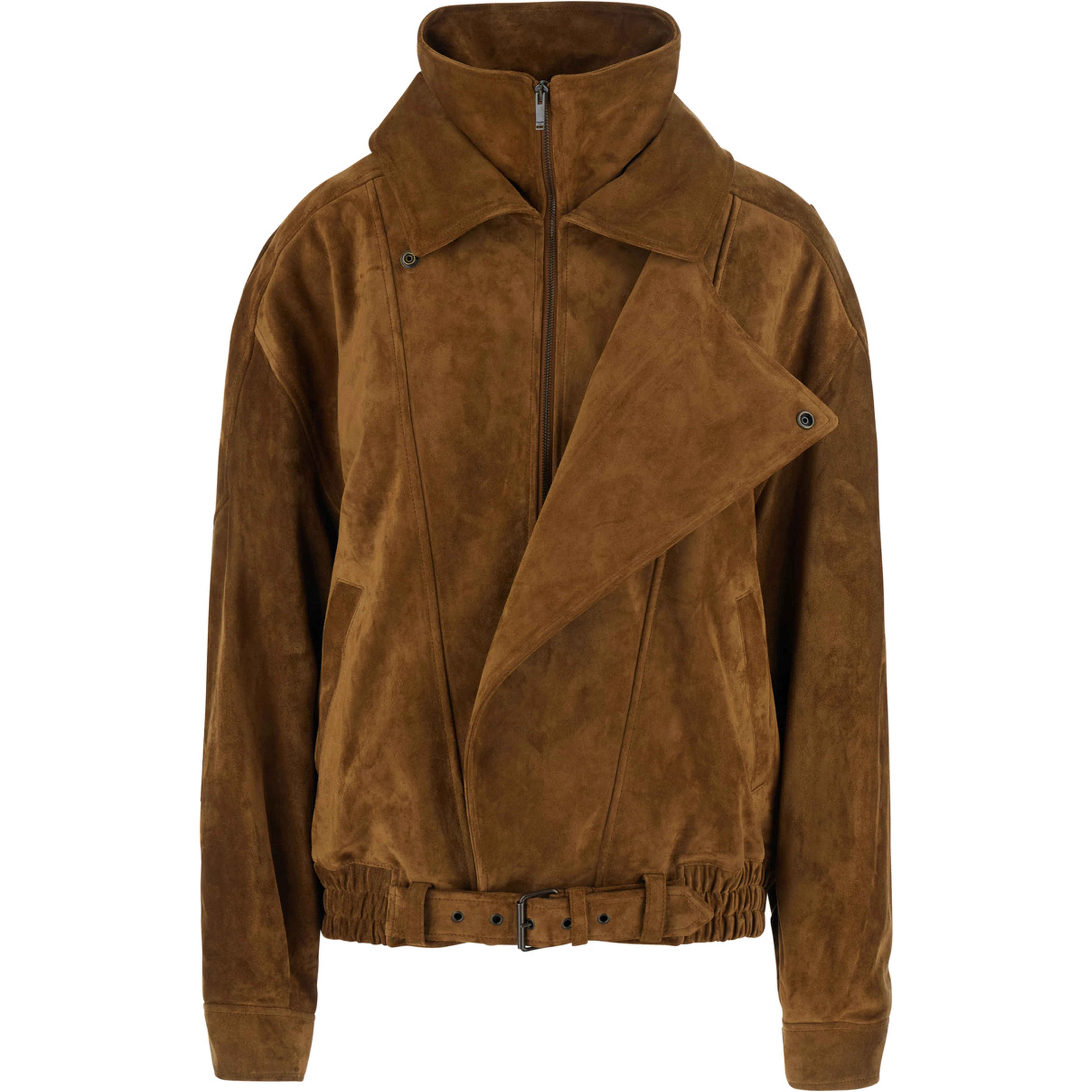 Brown Jacket with classic collar and buckled belt in suede for women
