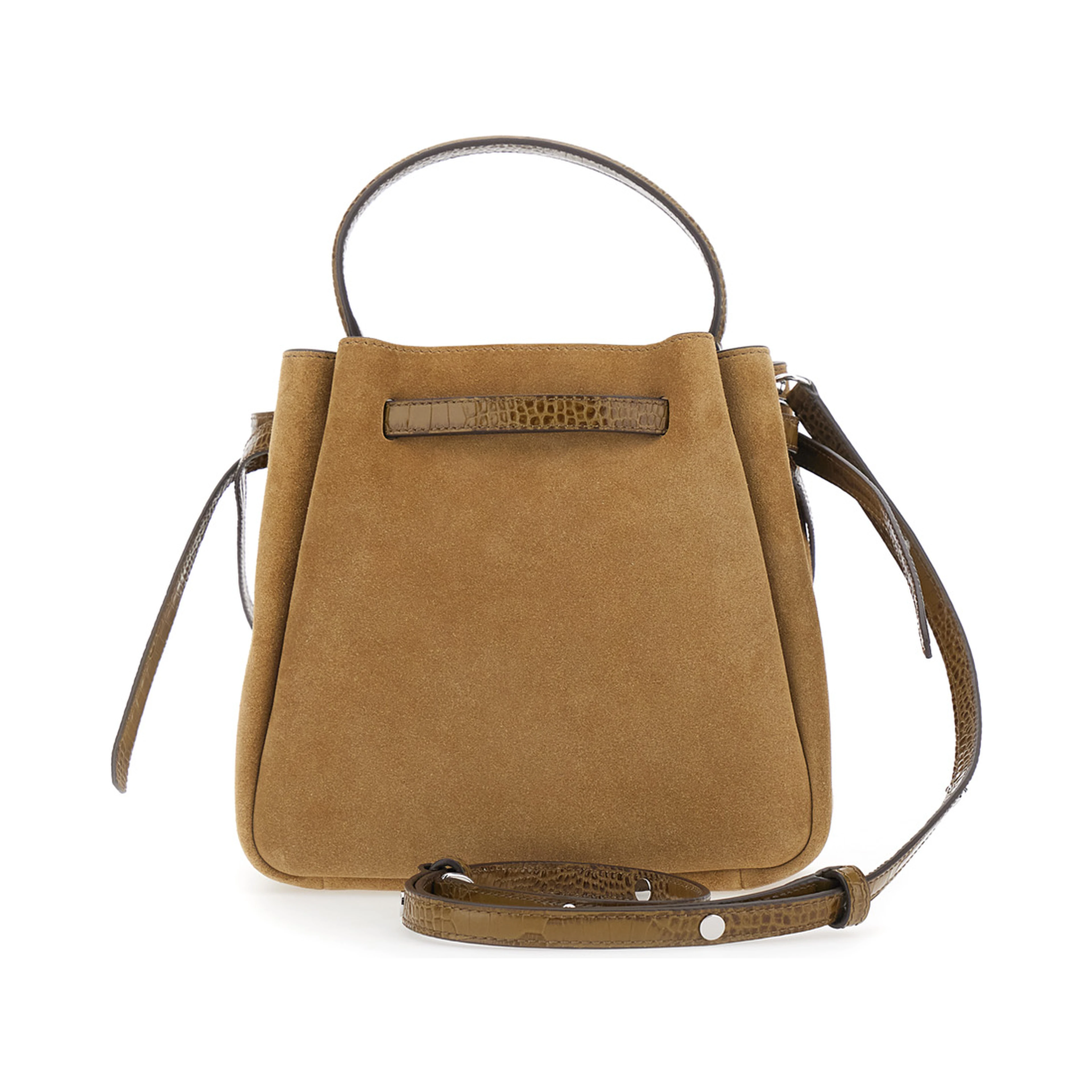 Romy Beige Handbag with adjustable and removable shoulder strap and front strap in suede for women