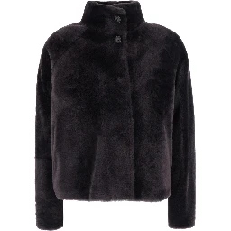 Grey shearling coat with high collar with buttons in fur for women
