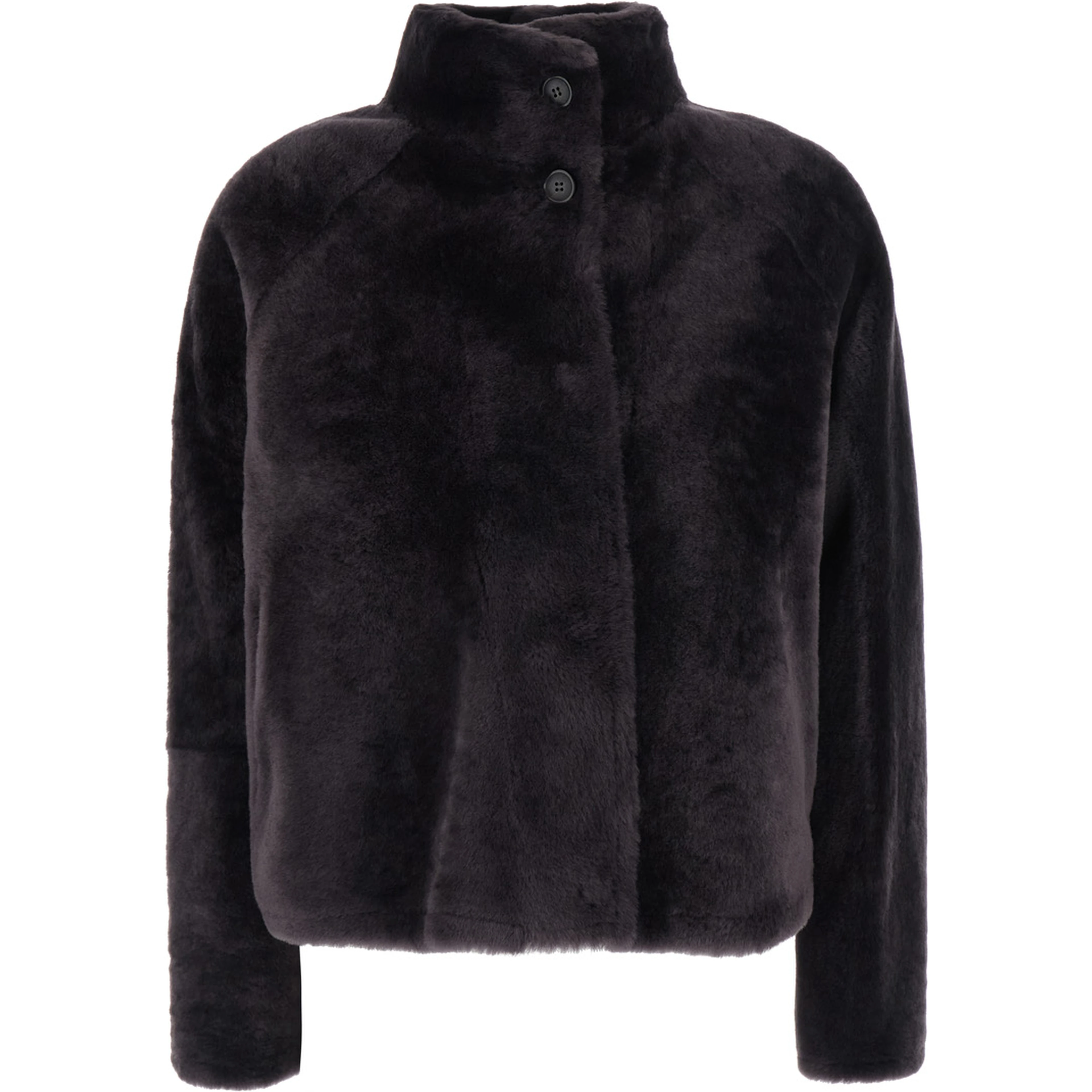 Grey shearling coat with high collar with buttons in fur for women