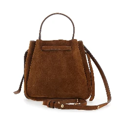 Handbag Romy Bucket Bag with Drawstring in Brown Suede