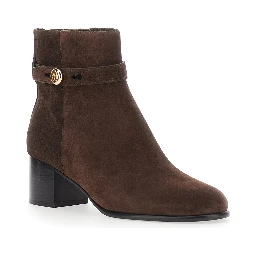 Romy Brown Ankle Boots with Medium Heel and Logo Plate on the Side in Suede for Women