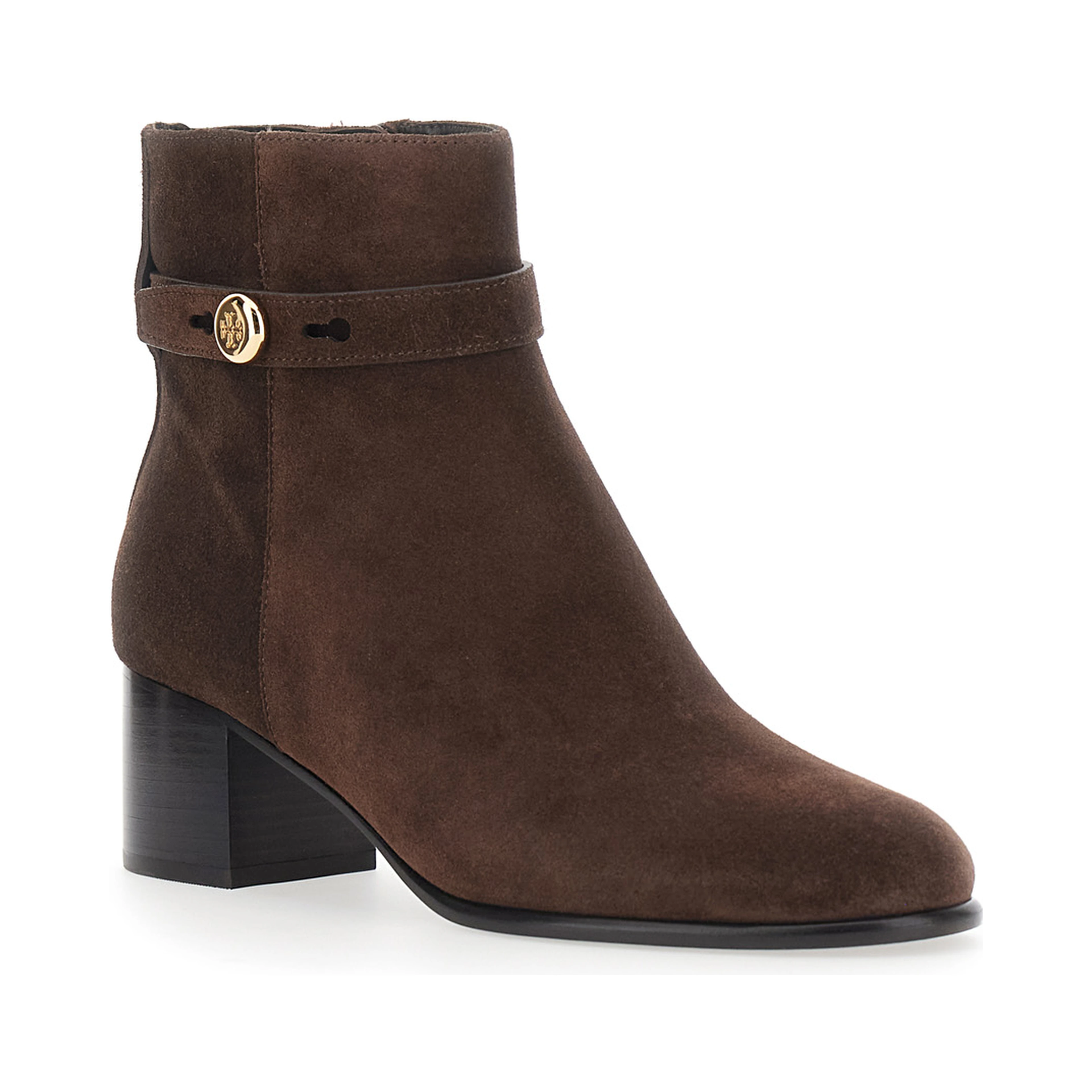 Romy Brown Ankle Boots with Medium Heel and Logo Plate on the Side in Suede for Women