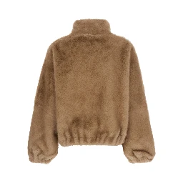 Beige High-neck fur jacket with front zip closure in eco fur for women