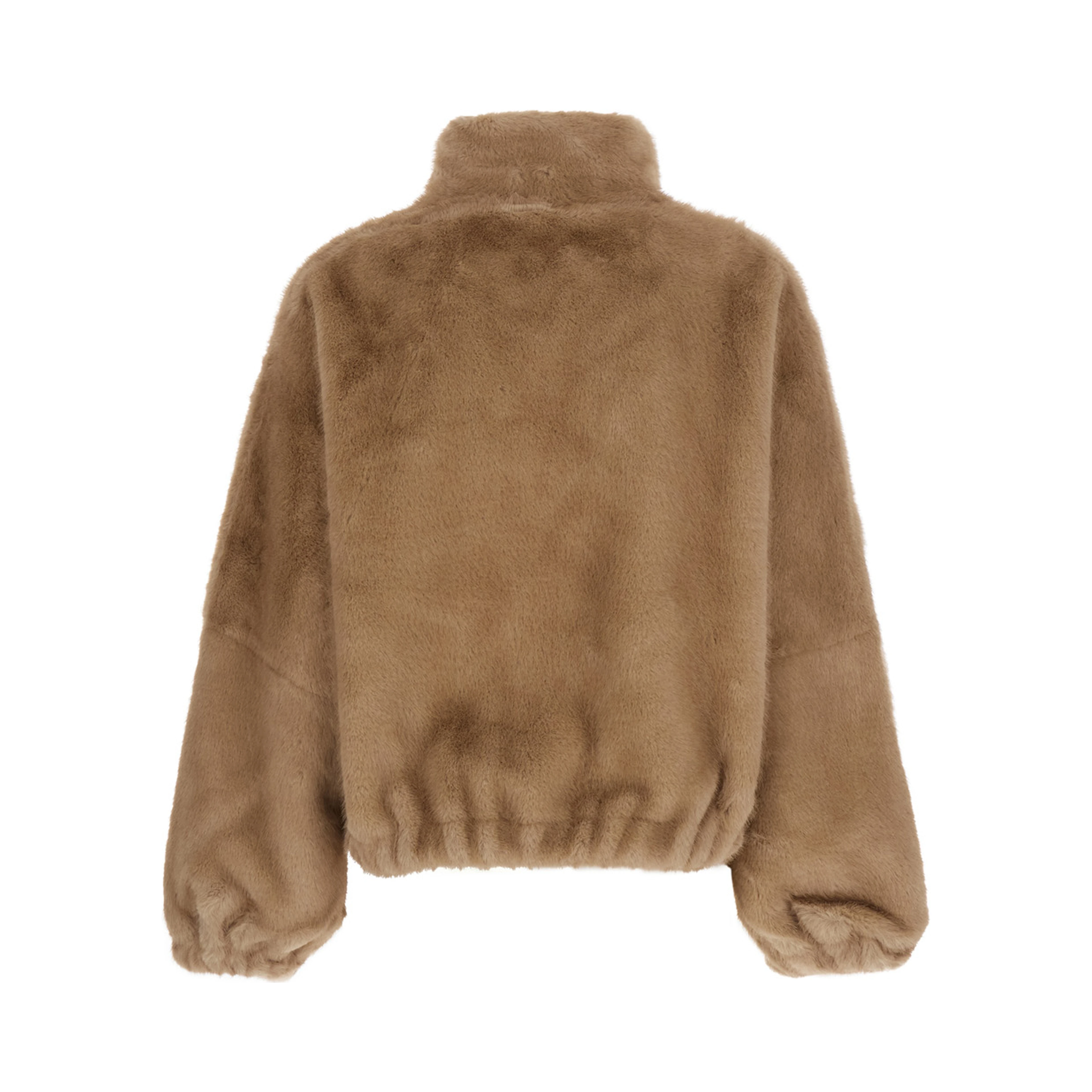 Beige High-neck fur jacket with front zip closure in eco fur for women