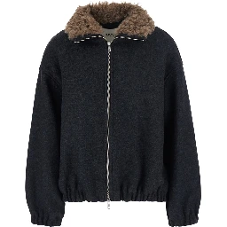 Grey Bomber with Fur Collar and Dropped Shoulders in Wool Blend for Women