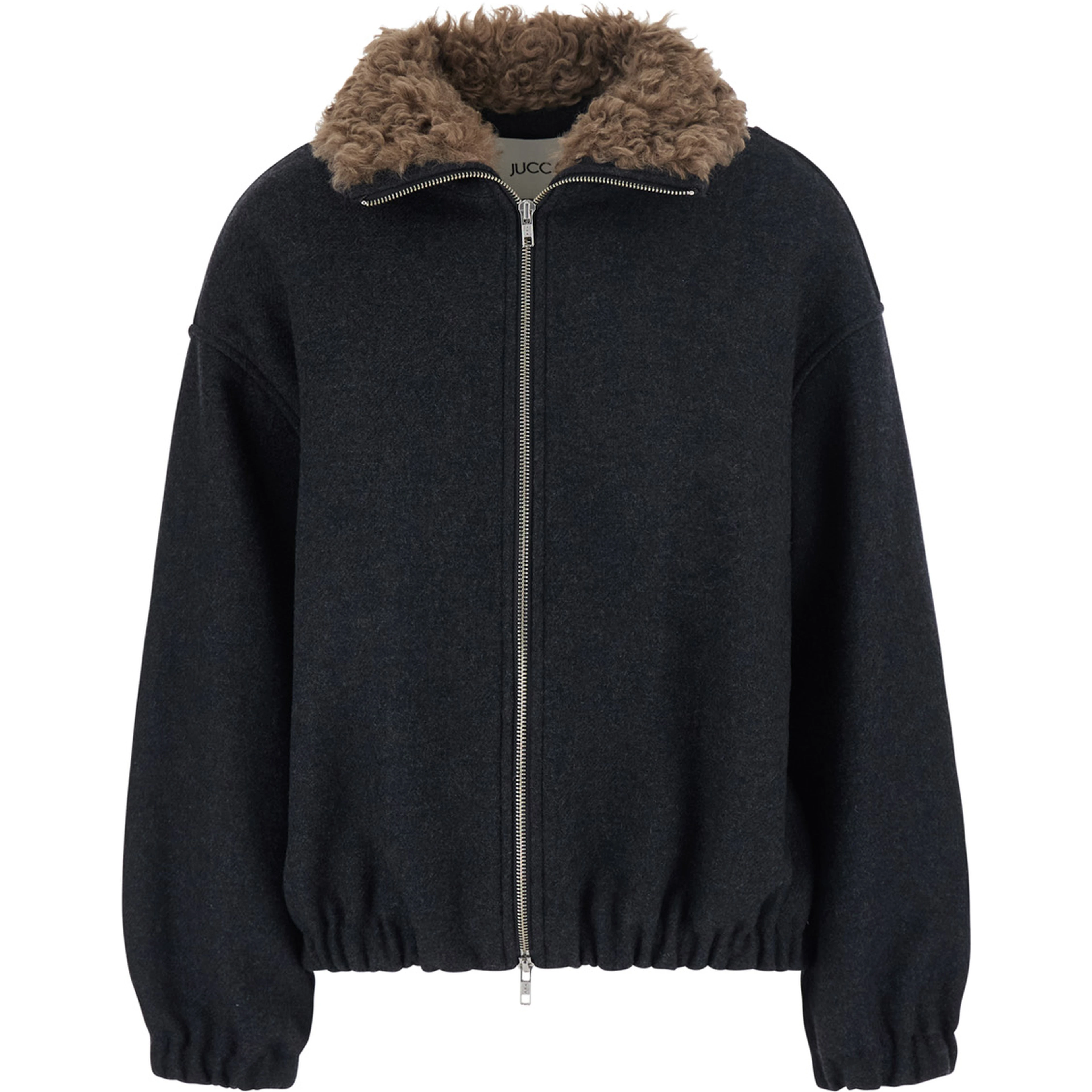 Grey Bomber with Fur Collar and Dropped Shoulders in Wool Blend for Women