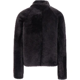 Grey shearling coat with high collar with buttons in fur for women