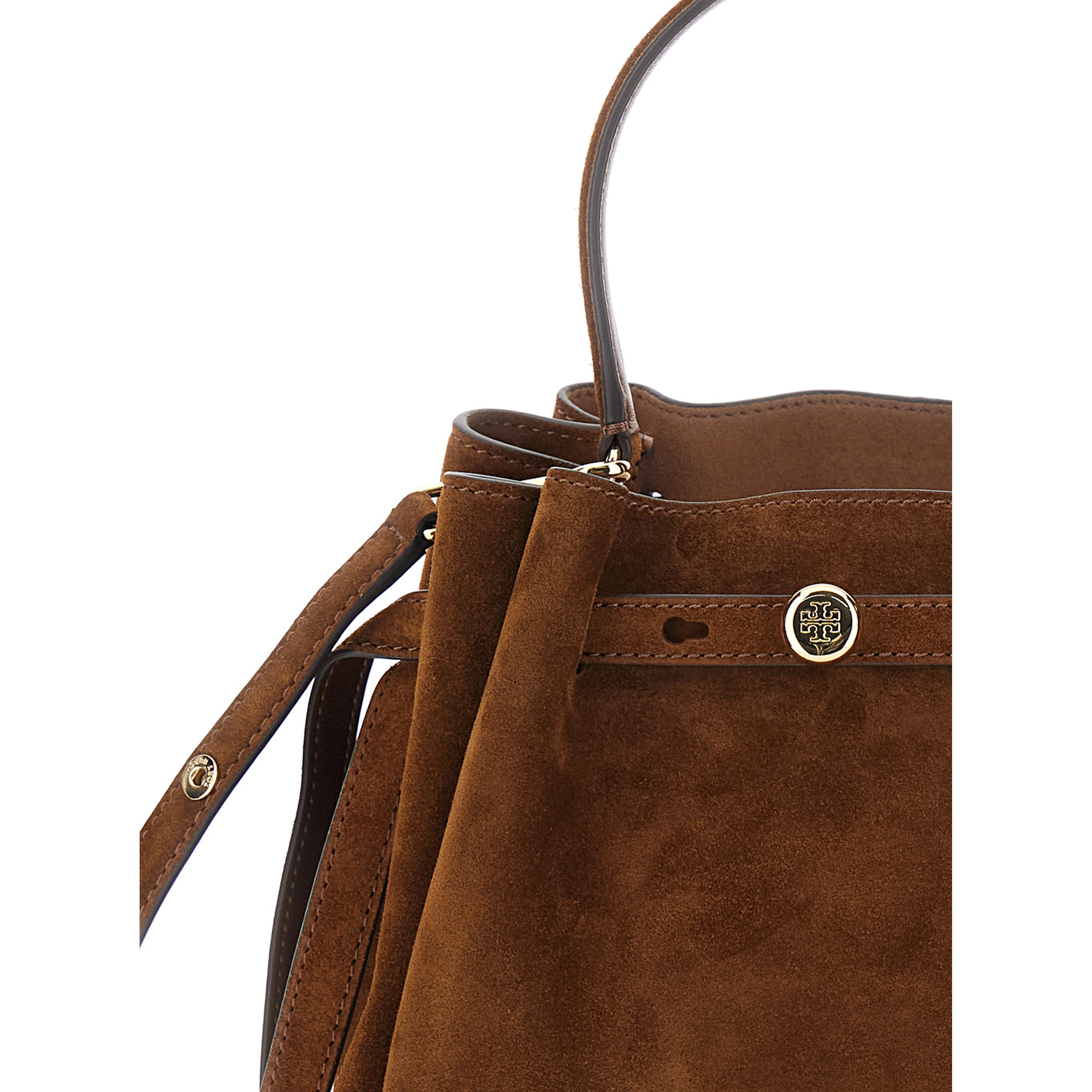 Handbag Romy Bucket Bag with Drawstring in Brown Suede