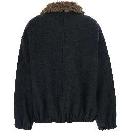Grey Bomber with Fur Collar and Dropped Shoulders in Wool Blend for Women