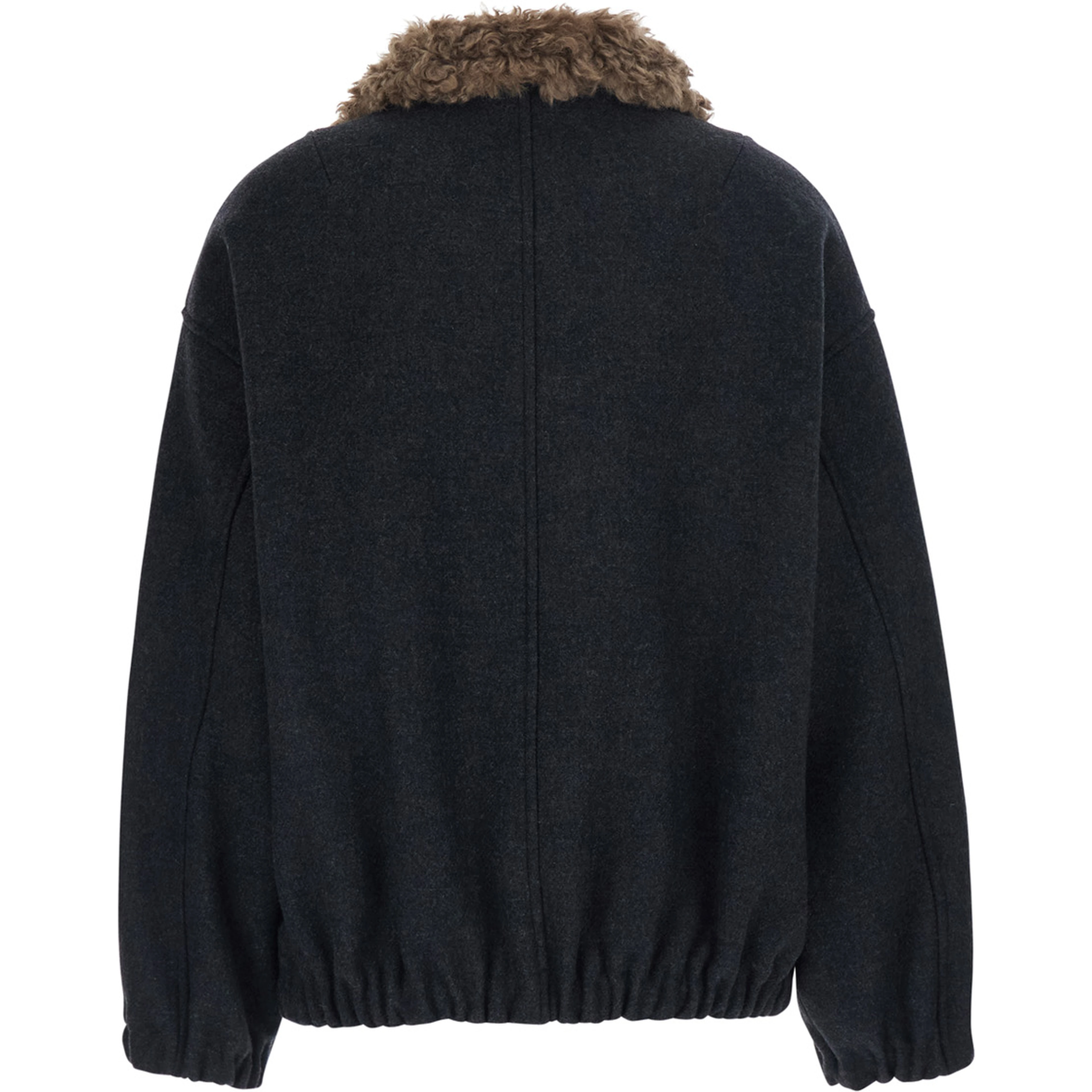 Grey Bomber with Fur Collar and Dropped Shoulders in Wool Blend for Women