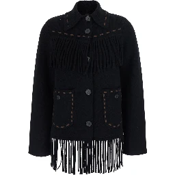 Black Cardigan with Fringed Hem and Contrasting Stitching in Wool and Cashmere for Women