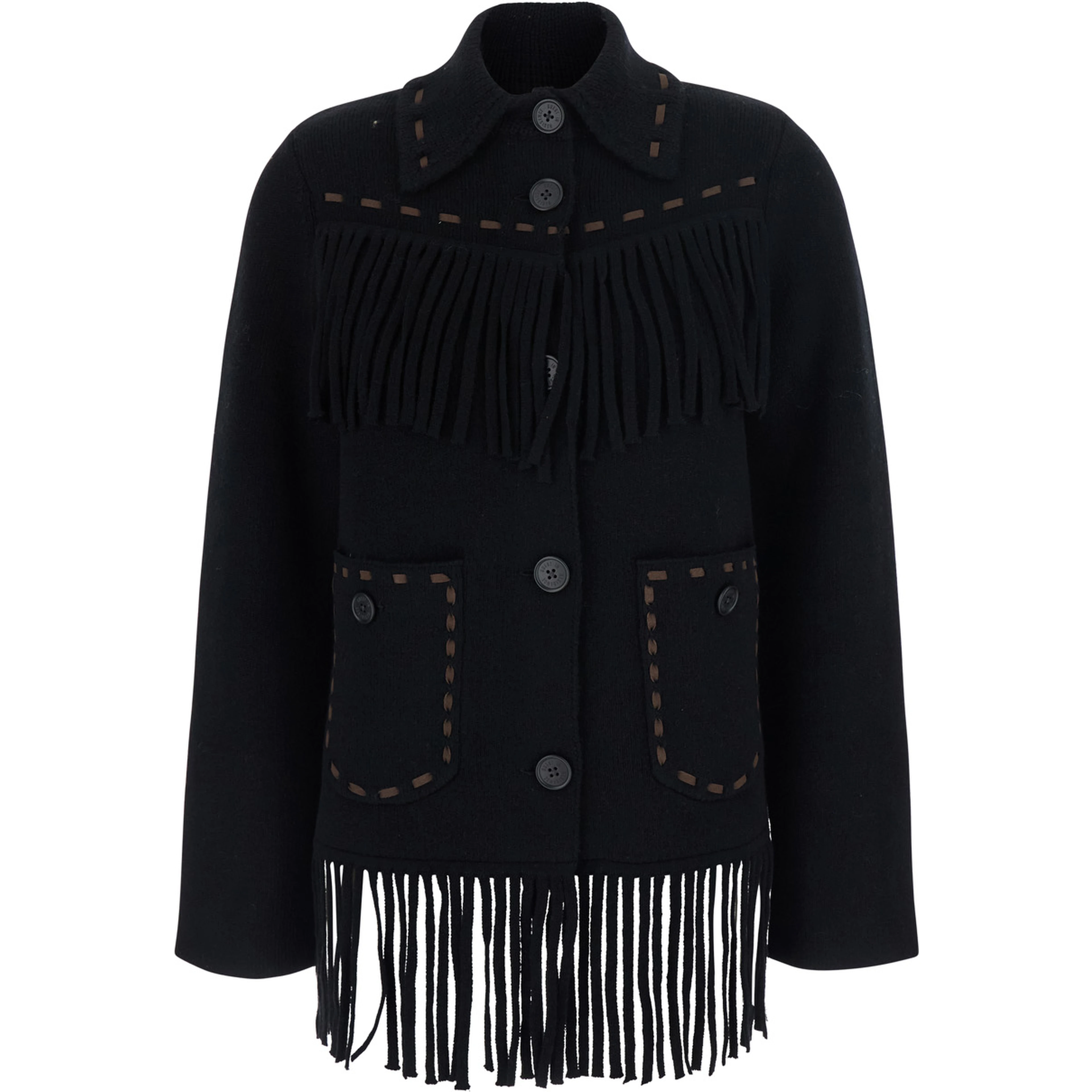 Black Cardigan with Fringed Hem and Contrasting Stitching in Wool and Cashmere for Women