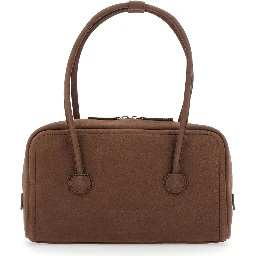 Soft Boston Brown Small Shoulder bag with Two Top Handles and Logo lettering on the Front in Leather for Women