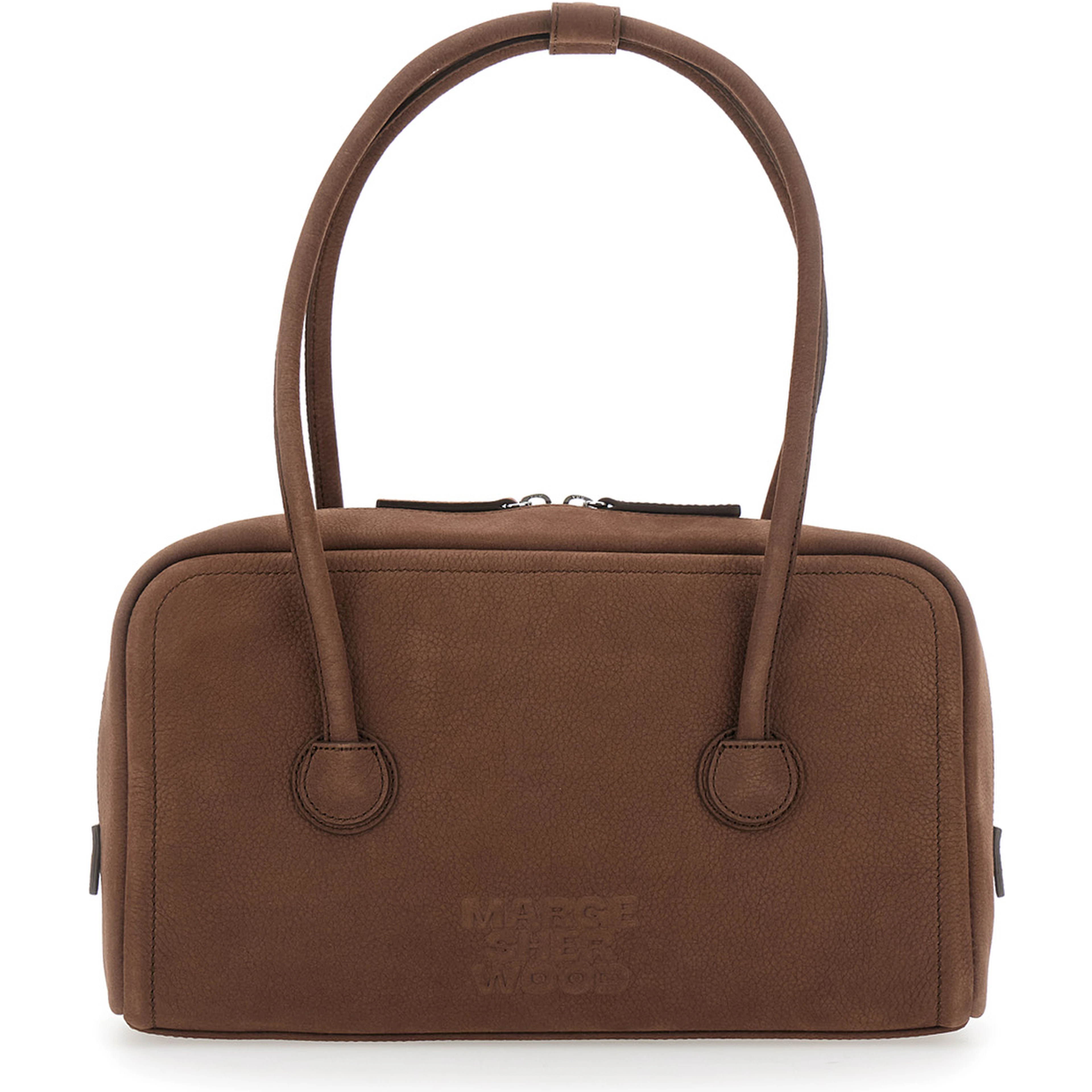 Soft Boston Brown Small Shoulder bag with Two Top Handles and Logo lettering on the Front in Leather for Women
