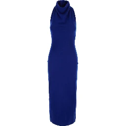 Blue Sleeveless long dress with high neck and draped details in wool for women