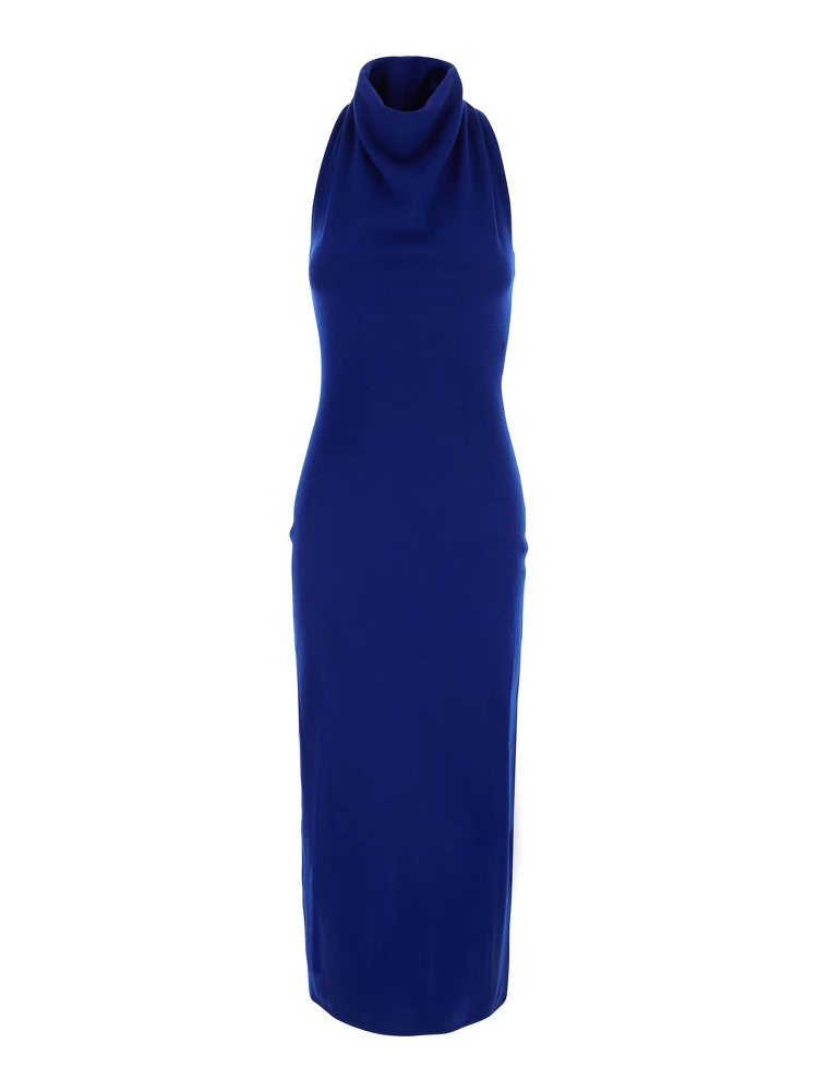 Blue Sleeveless long dress with high neck and draped details in wool for women