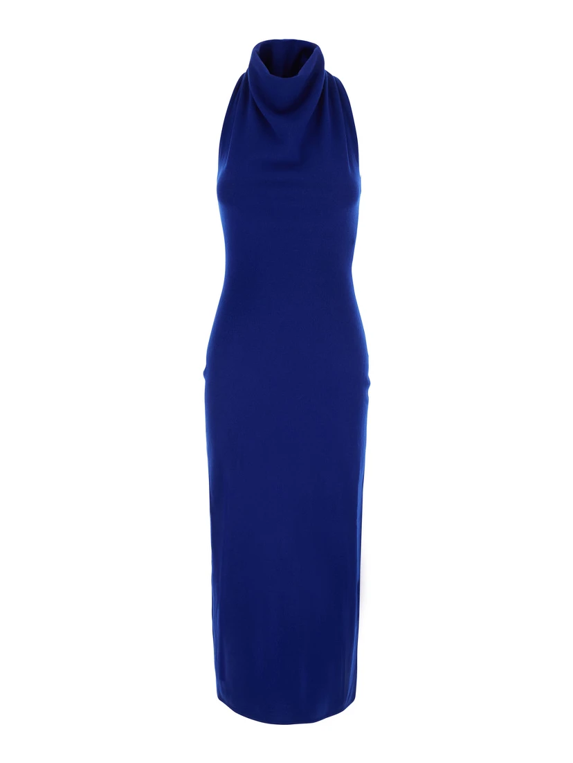 Blue Sleeveless long dress with high neck and draped details in wool for women