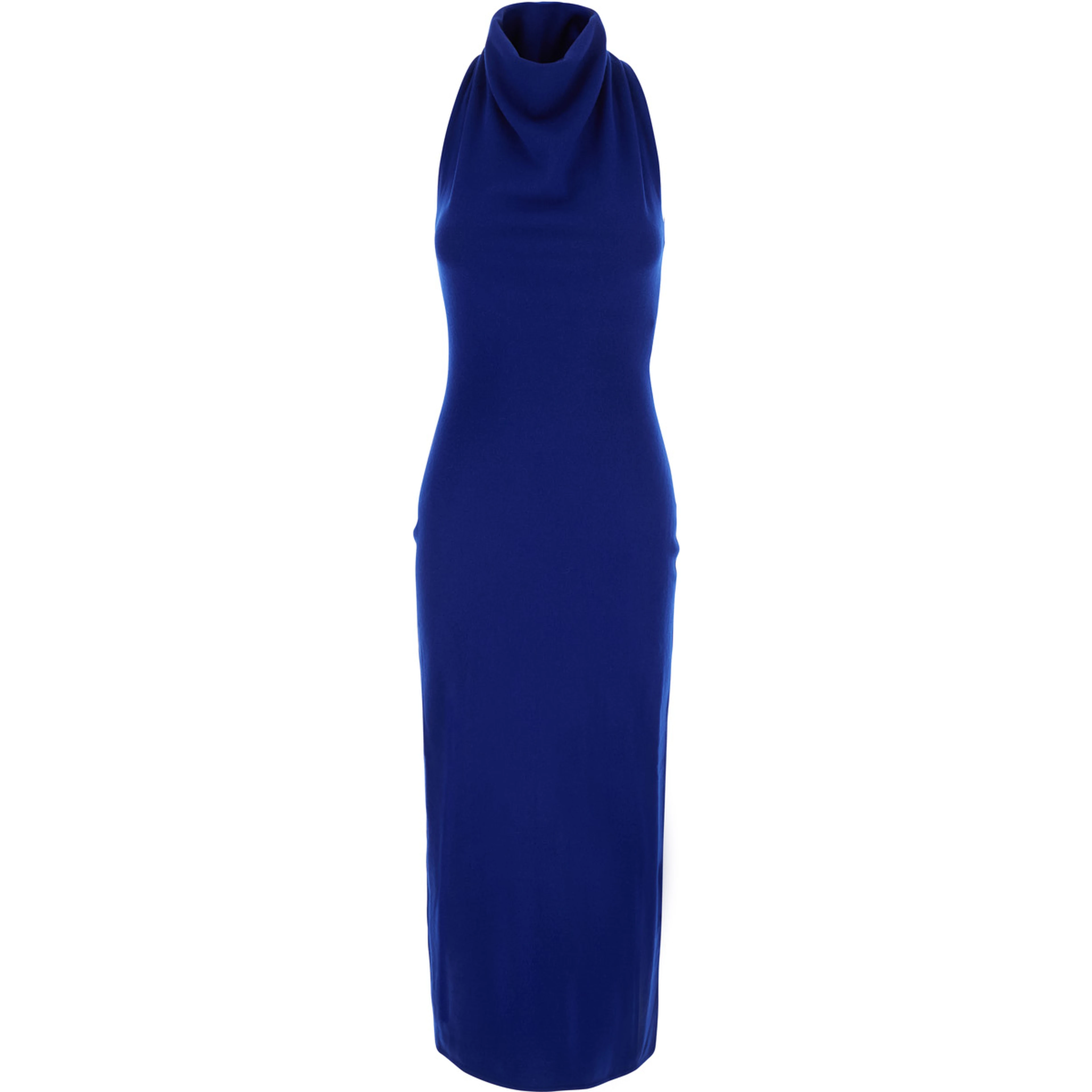Blue Sleeveless long dress with high neck and draped details in wool for women