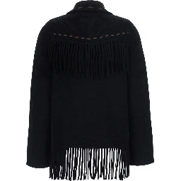 Black Cardigan with Fringed Hem and Contrasting Stitching in Wool and Cashmere for Women