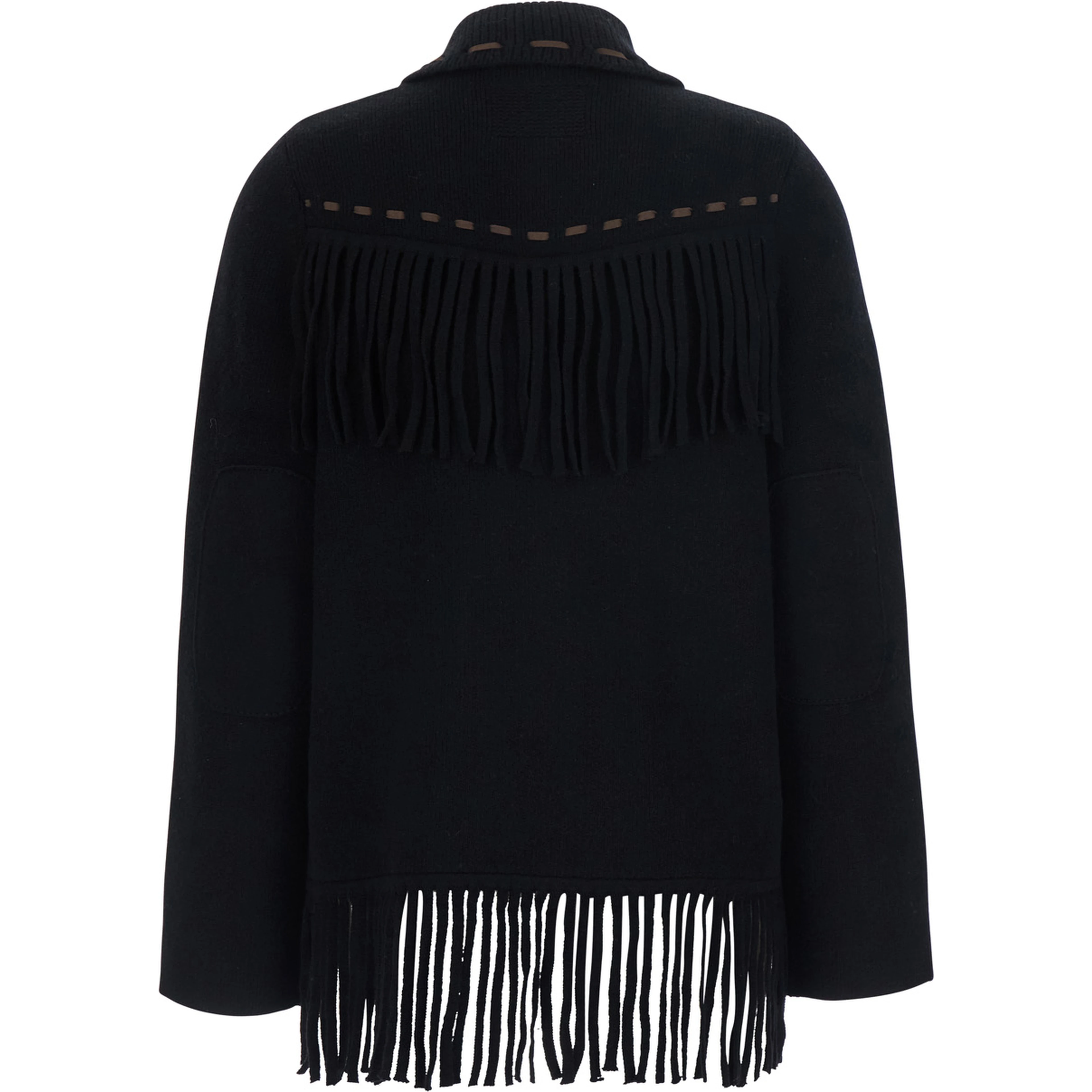 Black Cardigan with Fringed Hem and Contrasting Stitching in Wool and Cashmere for Women