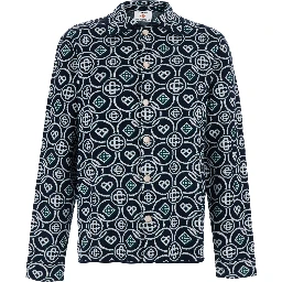 Blue Shirt with classic collar and all-over logo monogram in cotton for men