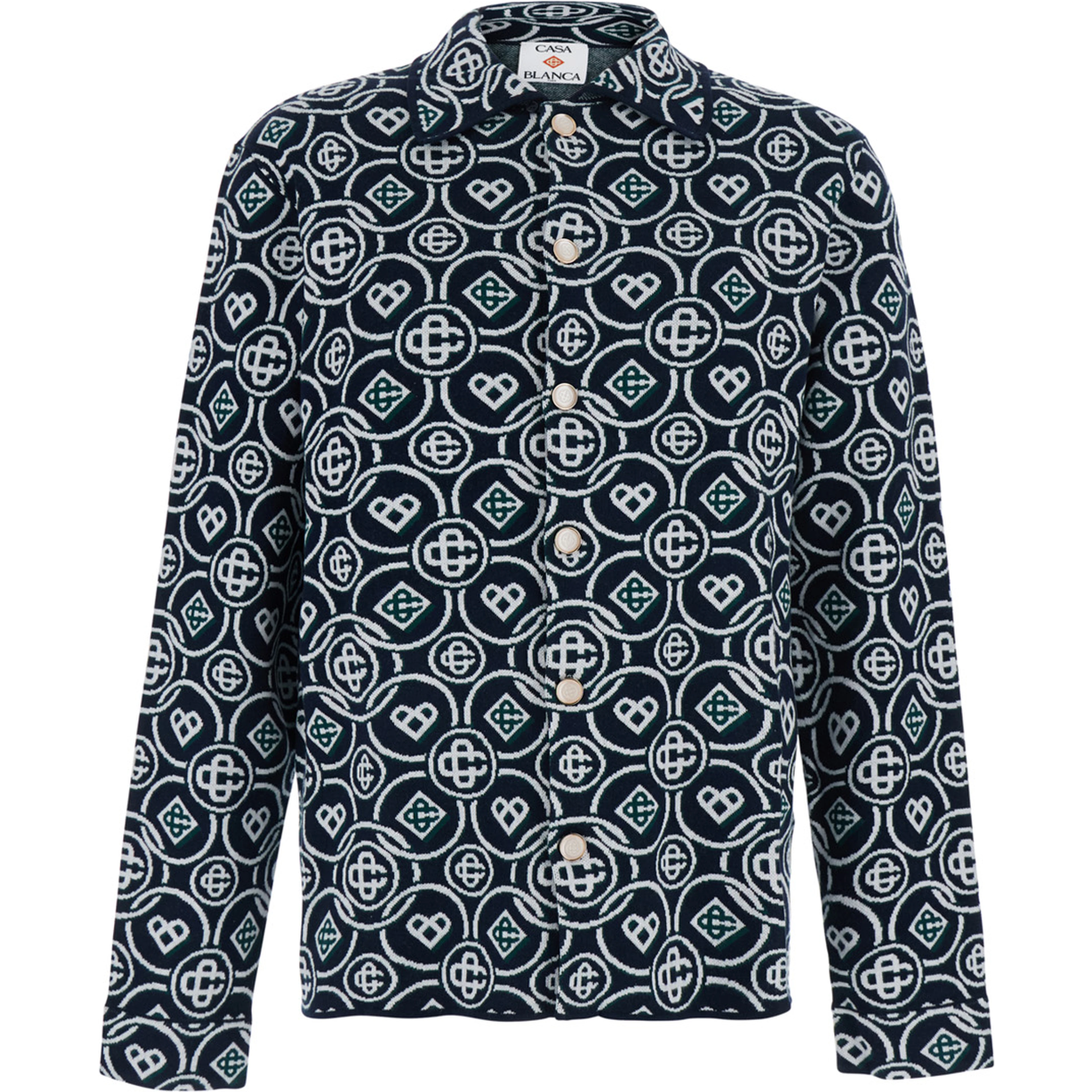 Blue Shirt with classic collar and all-over logo monogram in cotton for men