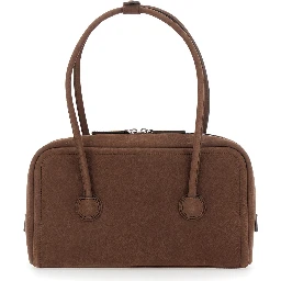 Soft Boston Brown Small Shoulder bag with Two Top Handles and Logo lettering on the Front in Leather for Women